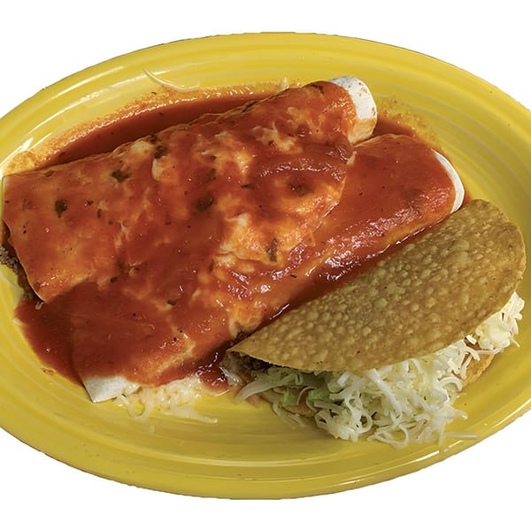 Two enchiladas covered in red sauce and a crispy taco with shredded cheese on a yellow plate.