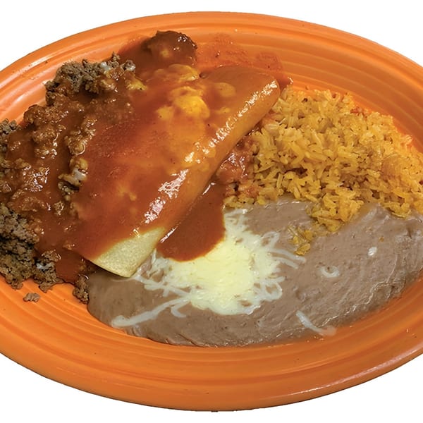 A La Carreta Mexican Restaurant combo plate with a burrito, ground beef, rice, and refried beans.