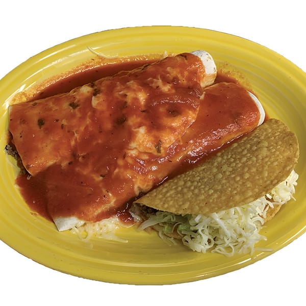 Two enchiladas covered in red sauce and cheese, with a crispy taco on a yellow plate.