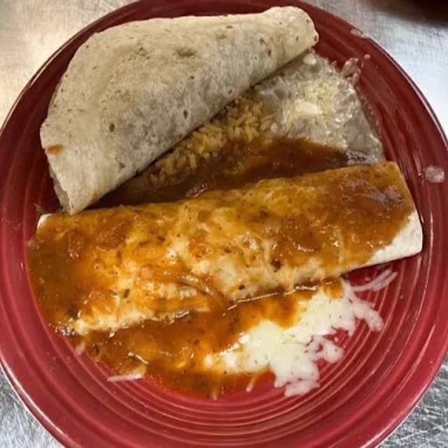 6. One Beef Enchilada, One Beef Taco, Rice & Beans.