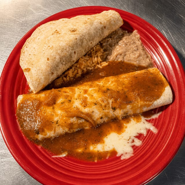 22. One Beef Burrito, One Beef Taco, Rice & Beans.
