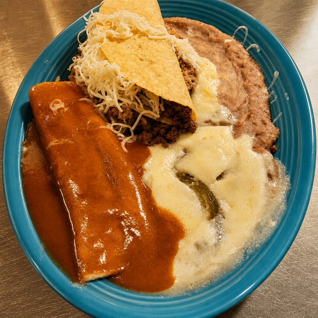 20. One Chile Relleno, One Beef Enchilada, One Beef Taco, Rice & Beans.