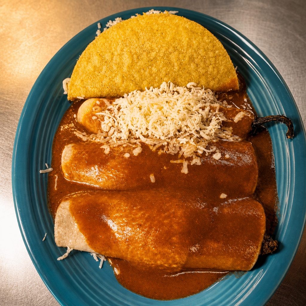 3. Two Beef Enchiladas, One Anaheim Pepper & One Beef Taco.