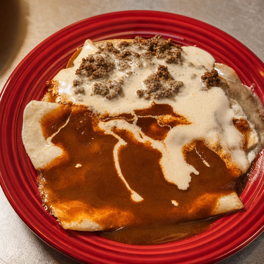 25. One Beef Burrito Topped with Cheese Dip, One Beef Enchilada & One Beef Chile Con Queso.